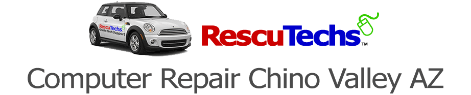 The RescuTechs Mini Cooper, logo and the text, "Computer Repair Chino Valley AZ"