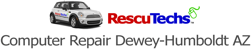 The RescuTechs Mini Cooper, logo and the text, "Computer Repair Dewey Humboldt AZ"