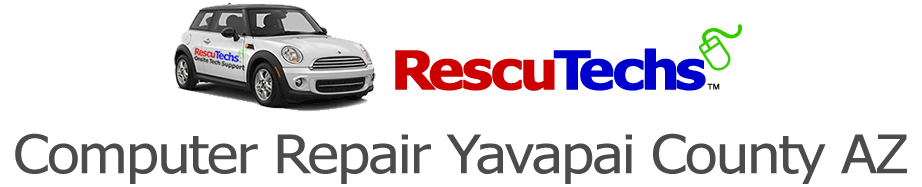 The RescuTechs Mini Cooper, logo and the text, "Computer Repair Yavapai County AZ"